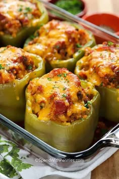 stuffed bell peppers in a casserole dish