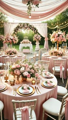 an outdoor wedding reception with pink and white decor