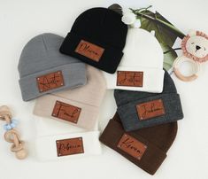 These personalized baby and toddler hats make the perfect gift and are sure to become memorable keepsakes. The names are laser engraved on the vegan leather patch for a high-quality personal touch that will last through infancy. These hats are available in 3 sizes, 7 hat colors, 2 patch colors, and multiple fonts. Available in three sizes, with or without the personalized patch. When in doubt, size up.  Use these hats for adorable baby photos and keep your little one's head warm all winter long! Twin Boy Names, 8 Month Baby, Toddler Hats, Baby Beanies, Name Patches, Toddler Hat, Gifts Personalized, Gift Newborn, Green Baby