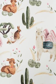 a wallpaper with llamas and cactus plants