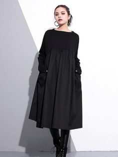 Loose Black Split-joint Long Sleeves Dress - rrdeye جوني ديب, Cotton Shift Dress, Cotton Clothing, Patchwork Dress, Moda Vintage, Dress Elegant, Dress Plus Size, Smock Dress