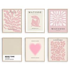 six pink and white posters on a wall with the words matissee in different languages