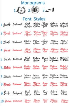 the font styles for monograms are shown in red, white and blue colors