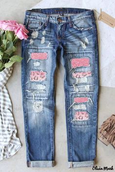 Color: Sky Blue Distressed Leopard Ombre Patchwork Jeans, Size: 8 Ripped Jeans Casual, Patchwork Denim Jeans, Jean Collection, Printed Denim Jeans, Jeans Patchwork, Graphic Pant, Blue Valentine, Denim Jeans Ripped, Floral Graphic