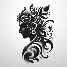 a black and white drawing of a woman's face with swirls on it