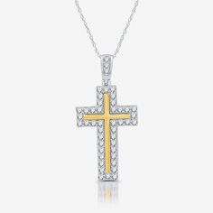 Features: Religious JewelryDiamond Clarity: I3Jewelry Closure: Spring Ring ClaspSetting: Multi-SettingShape: CrossStone Cut: RoundDiamond Color: I-JMetal Color: Two ToneChain Length: 18 InchRounded Carat Weight: 3/4 Ct. T.w.Chain Construction: RopeCare: Wipe CleanStone Type: 45 Natural DiamondAuthenticity: Natural DiamondBirthstone: April BirthstoneMetal: Sterling Silver, 14k Gold Over SilverNecklace Type: Pendant NecklacesCountry of Origin: Imported White Diamond-cut Pendant Cross Necklace, White Diamond Cut Pendant Cross Necklace, 14k Gold Cross Jewelry In White, White 14k Gold Cross Jewelry, White Diamond Accented Crucifix Jewelry, White Diamond Crucifix Necklace, White Gold Crucifix Jewelry For Anniversary, White Gold Crucifix For Anniversary, White Crucifix With Diamond Accents Jewelry