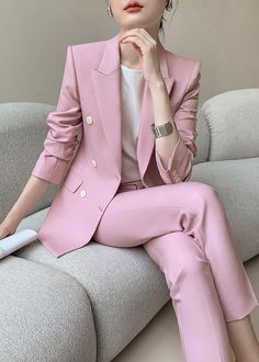 Elevate your style with the Maxine Pink Double Breasted Blazer Pants Suit Two-Piece Set. This sophisticated and exclusive set features a beautiful pink color and a double-breasted blazer that exudes luxury. The nine-pointed pants add a touch of elegance, making this a must-have for any fashion-forward woman. Blazer: Double Breasted closure Notched lapels Long sleeves Front flap pockets Pants Zip fly with button closure Side slant pockets Cropped length - Polyester, spandex- Item #432701- Women's blazer & pants suit two-piece set SIZE INFO XS=US2=UK6=EU32 S=US4-6=UK8-10=EU34-36 M=US8-10=UK12-14=EU38-40 ★★Please advise your Height and Weight, I will make sure you choose the right size. Tailored Jacket, Double Breasted Blazer, Dress Pant, Two Piece Sets, Pocket Pants, Blazer Dress, Sweater Coats, Two Piece Outfit, Double Breasted