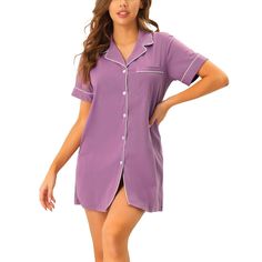 Great for loungewear, nightwear, sleepwear, home bedroom, and daily wear. This loungewear pajama shirt dress for women is constructed of soft fabric, which is comfy, breathable, and skin friendly and makes the pajamas convenient to take on/off and keep you pretty and comfortable all day. Featuring a mini-length shirt dress and a notched lapel design, the pajamas make you feel cozy all night, and enjoy a comfortable sleep and sweet dream. No matter the cozy bedtime, casual home relaxation, laze a Solid Color Short Sleeve Sleepwear For Pajama Party, Relaxed Fit Sleepwear With Button Closure For Pajama Party, Short Sleeve Sleepwear With Buttons, Relaxed Fit Sleepwear With Buttons For Loungewear, Casual Sleepwear With Button Closure And Short Sleeves, Purple Short Sleeve Sleepwear For Pajama Party, Relaxed Fit Button-up Sleepwear, Summer Sleepwear With Buttons For Sleepovers, Summer Sleepover Sleepwear With Buttons