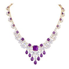 This charming collection is perfect for a special occasion. A cascade of ice white and vivid violet shimmer across your neckline and sparkle from your earlobe. Just over 80 carats of these delightful gems in classic cushion, pear and round cuts are handset into this piece. Finished in luxurious 18k yellow gold, adds the final touch to this superb collection. Bridal Diamond Necklace, Ladies Necklace, Stones Necklace, Diamond Necklace Designs, Yellow Gold Engagement Rings, Art Objects, Color Stone, Final Touch, Purple Stones