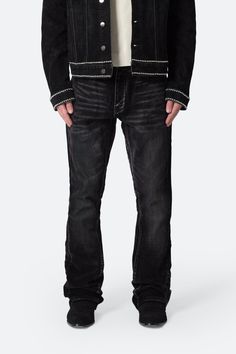 Introducing the B576 Western Flare Denim, crafted from a comfort-stretch denim with a relaxed fit through the thigh and a distinct flare at the leg opening. The black denim base undergoes a vintage wash and sanding, achieving a worn in appearance that’s both visually striking and pleasing to the touch. Embrace a blend Western Aesthetics, Jeans Details, 140 Lbs, Denim Flares, Black 7, Grey Hoodie, Sanding, Flannel Shirt, Distressed Denim