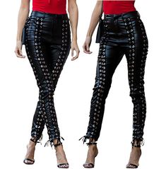 Slim fit women leather pant rings laces punk legging faux leather pant Gothic Trousers, Punk Leggings, Leather Pants Style, Pencil Pant, Leather Pants Women, Leather Pant, Faux Leather Pants, Leather Shorts, Women Leather