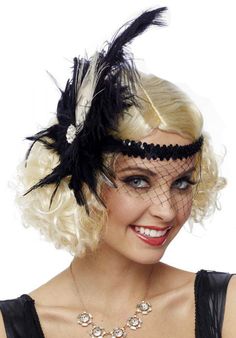 Adult 1920's Black Feather Flapper Headband With Veil - Candy Apple Costumes - 20's Accessories Estilo Charleston, Gatsby Party Outfit, Decades Costumes, 20s Costume, Gatsby Accessories, Flapper Accessories, 1920s Costume, 1920s Headband, Gatsby Headpiece