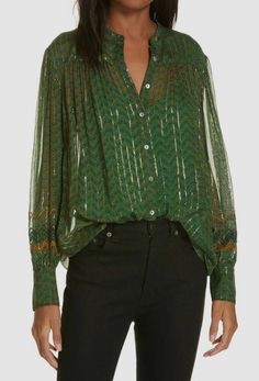 #ad Top Seller for $295 BA&SH Women's Green Stripe Long-Sleeve Sheer Metallic Shirt Blouse Top XS, Fashion Women's Tops