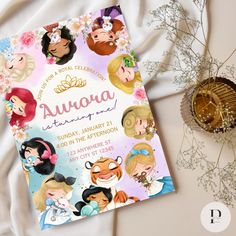 an image of a birthday party with princesses on the front and back cover, surrounded by flowers