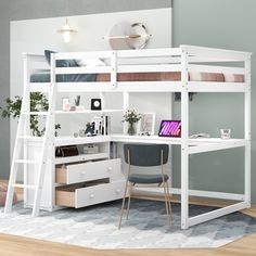 a white loft bed with desk underneath it