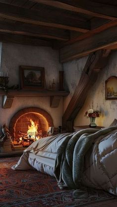 a bedroom with a fireplace in the corner