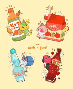 an image of some food and drinks on a yellow background with the words apple juice