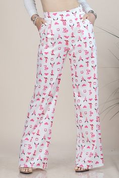 -High waist fold pleated -Straight leg pants -Pockets, side zipper -Western Print -Made in USA. 95%Poly, 5% Spandex Fitted Wide Leg Cargo Pants For Loungewear, Cowgirl Collage, Pink Cowgirl, Print Collage, Swimwear Sale, Printed Pants, Straight Leg Pants, Free Giveaway, Print Making