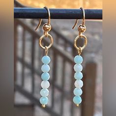 Handmade Earrings Beautiful Natural Aquamarine Stones Create These Simple But Beautiful Earrings . Made With Quality Materials Lead And Nickel Free Gold Tone Finish Lightweight Beautiful On , Make Great Gift Or Wonderful Spring Summer Earrings Come In Beautiful Gift Box Appropriate 1.50 Inch Drop Stone Bead Earrings, Simple Bead Earrings, Simple Dangle Earrings, Wire Earrings Handmade, Kitten Earrings, Pearl Earrings Handmade, Red Flower Earrings, Earring Inspo, Earring Inspiration