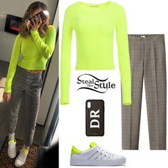 Alice + Olivia Neon Ciara Pullover ($295.00), Babaton Conan Pants ($148.00), Chaos Custom Classic Leather iPhone Case ($245.00) and PS821 Alpha Neon Volt Sneakers ($345.00). Neon Sweater, Checked Pants, Kaia Gerber Style, Leather Iphone Case, Zara Larsson, Kick Flare Jeans, Debby Ryan, Velvet Trousers