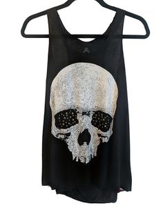 Racerback Tank Top with skull graphic and studs.  Fit: Loose. Flowing. Comfy. Colors: Black and Burgundy Size: Large Only Care: Hand wash cold water.  Material: 65% Rayon 35% Poly Stretch Sleeveless Top With Skull Print, Sleeveless Summer Top With Skull Print, Summer Tank Top With Skull Print, Cotton Sleeveless Tank Top With Skull Print, Skull Tank Top, Edgy Skull Print Sleeveless Tank Top, Skull Tank, Skull Graphic, Black Tank