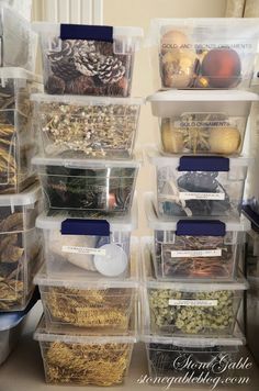 several plastic containers filled with different types of food and other items sitting on top of each other