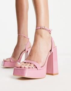 Shoes by Glamorous Dress from the feet up Adjustable ankle strap Open toe Platform sole High block heel Pastel Pink Platform Heels, Chunky Pink Heels, Heels For Pink Dress, Blush Pink Heels, Highschool Dance, Pale Pink Heels, Pastel Heels, Pink Chunky Heels, Peach Heels