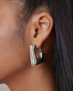 This is a chunky box style hoop earring. The edges and lines on the earrings are quite straight and edgy which makes this hoop look quite unique. The earrings use a post hinge closure system which makes it convenient to put on and take off. Even though the volume on the hoops is quite large, but the overall weight is controlled by utilizing our Italian electroforming technology to maximize comfort. This earring comes in 2 colors, yellow gold or white gold, to choose from. The hoops are construct Modern Hinged Hoop Earrings, Contemporary Hoop Earrings With Polished Finish, Classic Hinged Hoop Earrings, Contemporary Polished Hoop Earrings, Luxury Hoop Earrings With Gold-tone Hardware, Earring Sale, Shop Earrings, Precious Metals, Jewelry Pieces