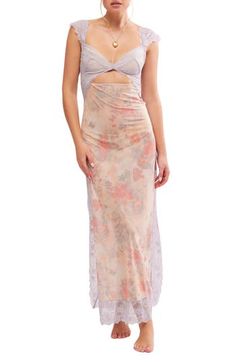 Exude elegance through your morning and nighttime routines in this luxurious floral nightgown winked with cutouts and intricate lace accents. 54" length (size Medium) V-neck Sleeveless Partially lined 100% nylon with 90% nylon, 10% spandex contrast Hand wash, line dry Imported Vietnam Clothes, Floral Nightgown, Engagement Dresses, Red Carpet Looks, Sleepwear Women, Night Gown, Bohemian Style, Lace Trim, Free People