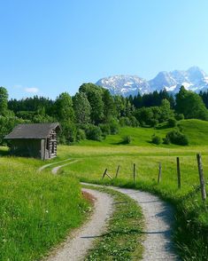 a dirt path leading to a small cabin in the middle of a green field with mountains in the background