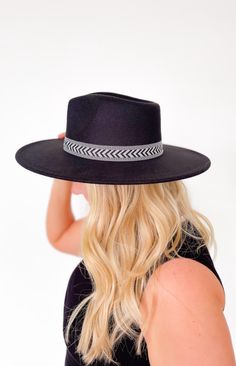 This beautiful felt hat is the perfect accessory to add to your favorite looks! Featuring a classic black color in a soft felt material. We love the unique pattern band detail, it's easy to pair with dresses and skirts for a fabulous look at dressy occasions! 100% Polyester Adjustable Black Brimmed Hat Band One Size Fits Most, Trendy Black Hat Bands For Fall, Chic Black Hat Bands For Formal Occasions, Black Fedora Felt Hat One Size Fits Most, Trendy Black Felt Hat For Winter, Black Felt Hat For Fall Party, Black Felt Hat For Party In Fall, Adjustable Black Felt Hat For Fall, Adjustable Black Fedora For Spring