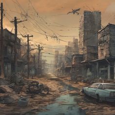 an image of a dirty city street with cars parked on the side and power lines above