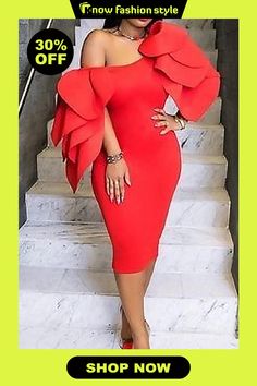 Red Fashion Sexy Solid Patchwork Oblique Collar Evening Dress Jay Jay, Evening Dresses With Sleeves, Elegant Attire, Red Dress Women, Red Evening Dress, Bodycon Dress With Sleeves, Dress Sleeve Styles, Ruffles Fashion, Half Sleeve Dresses