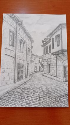 a pencil drawing of an alleyway with two buildings on one side and a clock tower on the other