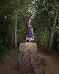 a woman standing on top of a tree stump