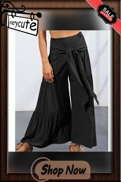 Black Smocked High Waist Palazzo Pants with Tie Black Ankle-length Bottoms For Vacation, Black Ankle-length Pants For Vacation, Spring Black Ankle-length Wide Leg Pants, Black Wide Leg Pants For Vacation, Black Ankle-length Pants With Elastic Waistband, Black Ankle-length Vacation Bottoms, Black Ankle-length Vacation Pants, Black Wide Leg Pants With Elastic Waistband For Summer, Black Harem Pants For Beach Summer