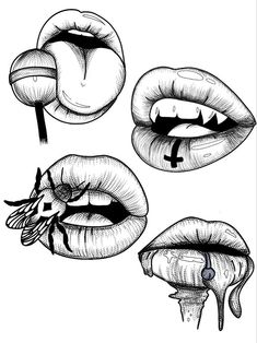 three different types of lips drawn in black and white