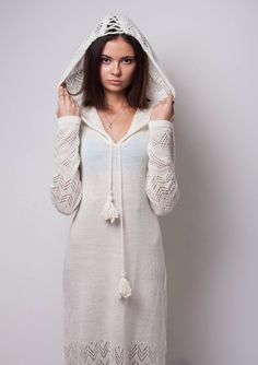 I like this lovely crochet hoodie dress very much! The hoodie in this crochet maxi dress makes it quite effective, and unique! The loose construction of this incredible cro... White Crochet Dress For Fall, White Long Sleeve Crochet Knit Dress, White Pointelle Knit Sweater Dress, Spring White Hooded Dress, White Long Sleeve Dress With Crochet Trim, White Long Sleeve Bohemian Crochet Dress, Crochet Hoodies, Crochet White Dress, Boho Crochet Dress