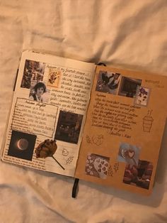 an open book with pictures and writing on it