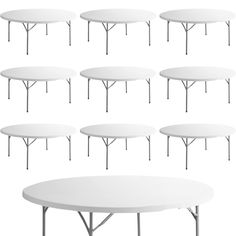 eight white tables with four legs on each side and six smaller ones in the middle