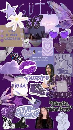 the collage has many different pictures and words in purple, white, and black