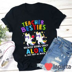 ✔️ TITTLE : Unicorn Teacher Besties T-Shirt, Funny Unicorn Shirt, Teacher Life Shirt, Kindergarten Shirt, Teacher Shirt, Gift For Teacher ✔️ IMPORTANT: Both Men and Women can we our shirts because this is unisex style t-shirts; Wash item inside out in cold water, do not bleach, do not dry clean, do not iron directly on the design. ✔️ MATERIAL DETAILS: 5.3-ounce, 100% cotton (99/1 cotton/poly (Ash) & 90/10 cotton/poly (Sport Grey); Heavyweight classic unisex tee; Taped neck and shoulders; Tearawa Playful Cotton T-shirt With Unicorn Print, Cute Rainbow Crew Neck T-shirt, Cute Multicolor Tops With Funny Text, Casual Multicolor Unicorn Print T-shirt, Fun Unicorn Print Short Sleeve T-shirt, Fun Short Sleeve T-shirt With Unicorn Print, Funny Multicolor Top With Text, Cute Multicolor Slogan T-shirt, Cute Multicolor T-shirt With Slogan