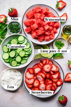 the ingredients for strawberry cucumber salad laid out in bowls