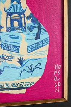 a painting with blue and pink paint on it that has a pagoda in the background