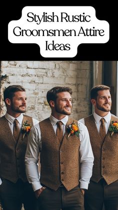 Rustic groomsmen attire with earthy tones and vests for a Thanksgiving wedding Fall Western Groomsmen Attire, Rust Bridesmaid Dresses With Groomsmen, Brown Suits For Groomsmen, Groomsmen Attire Simple, Rustic Wedding Groomsmen Attire, Autumn Groomsmen Attire, Camo Groomsmen Attire, Grooms Attire Rustic