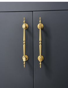 two golden handles on the side of a gray cabinet