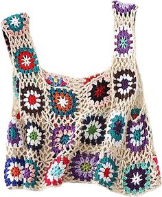 a crocheted bag with multicolored flowers on it