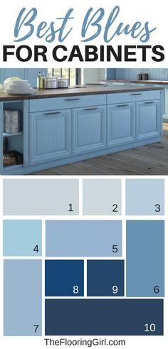 blue kitchen cabinets with the words best blues for cabinets above them and below it are four different shades of blue