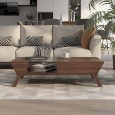 a living room with a couch, coffee table and potted plant