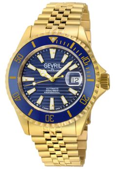 Gevril Men's Swiss Automatic Watch from the Chambers Collection  42mm 316L Stainless Steel Case with Blue/Gold Ceramic Bezel  Blue Dial, Date Magnifier, Screw Down Crown  IPYG Bracelet with folding Deployment Buckle  Anti-reflective Sapphire Crystal  Water Resistant to 200 Meters/20 ATM  Swiss Made Automatic, Sellita SW200 Movement Swiss Automatic Watches, Automatic Watches For Men, Gold Ceramic, Classic Watches, Analog Watch, Stainless Steel Band, Black Stainless Steel, Watch Sale, Stainless Steel Watch